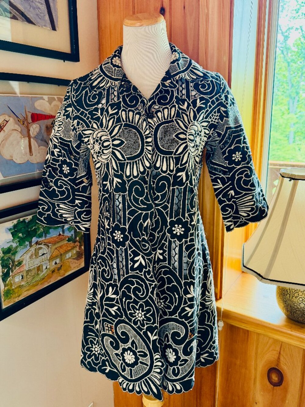 MAXMARA Black & Ivory Embroidered Linen Tunic Short Dress – IT 36/US S